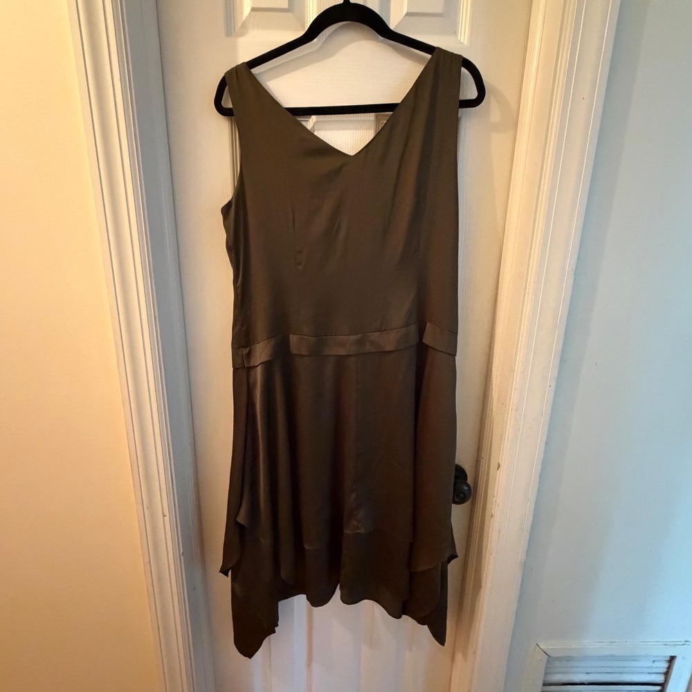Worthington Satin Handkerchief Hem Midi Dress 12 Olive Green Sleeveless V-Neck